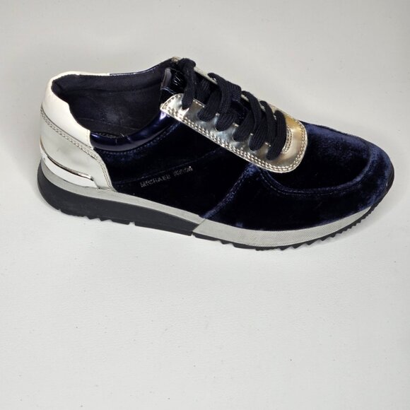 Michael Kors Allie Trainer Admiral Blue Velvet Silver Logo Sneaker Shoes Sz 7.5 - Picture 1 of 9